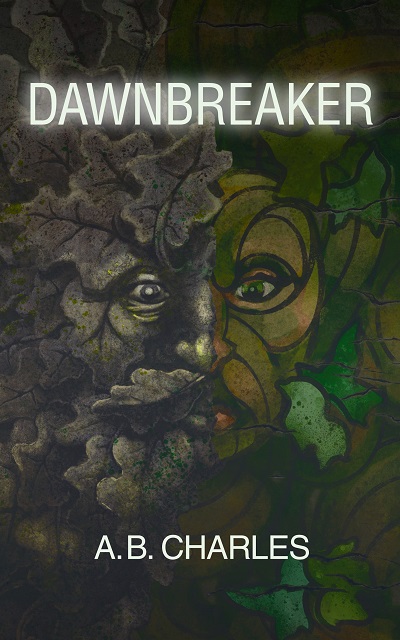 Dawnbreaker book cover featuring a Stone greenman and a graffiti greenwoman